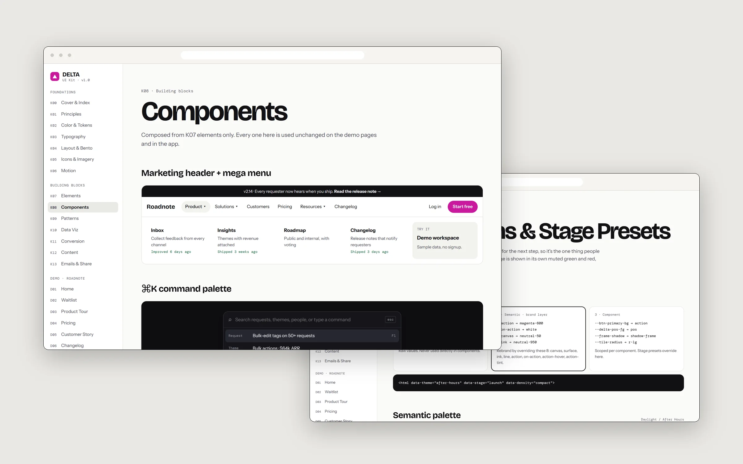 DELTA kit documentation: components and colour & token pages