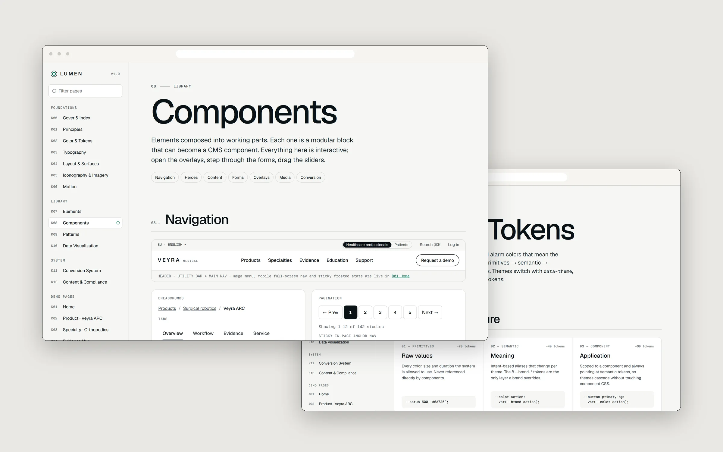 LUMEN kit documentation: components and colour & token pages