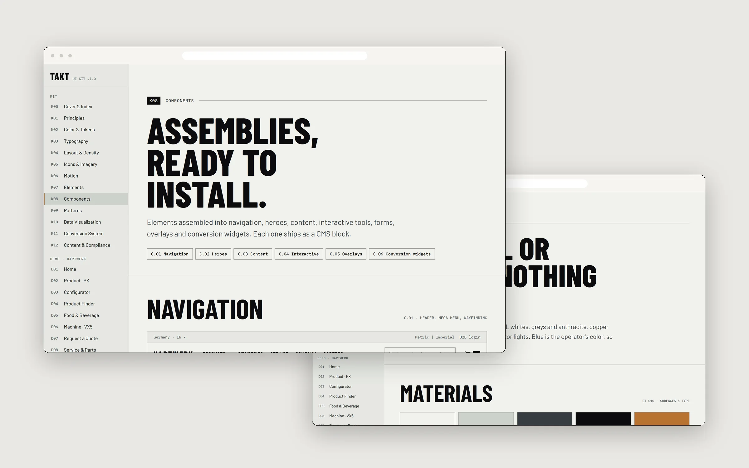 TAKT kit documentation: components and colour & token pages